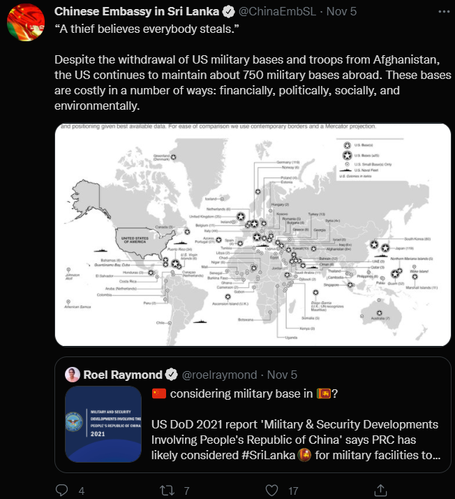 中國駐斯里蘭卡大使館回嗆「小偷看誰都是小偷」   圖：翻攝推特