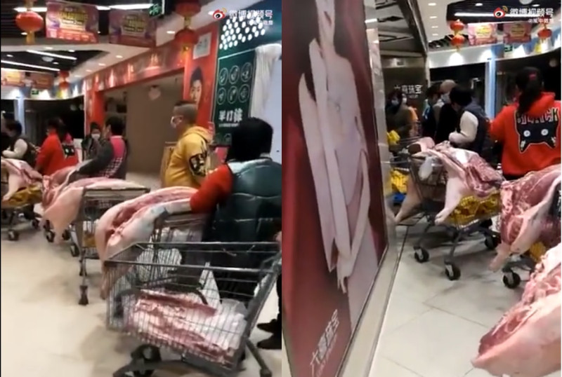中國民眾賣場瘋搶「半隻豬躺推車」畫面曝   圖:翻攝自微博