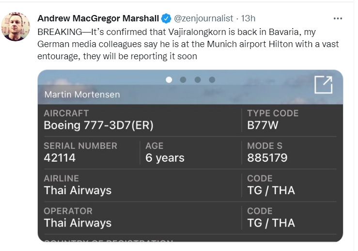 國記者馬歇爾在推特爆料，泰王秘飛德國的班機已經抵達慕尼黑。   圖：翻攝自馬歇爾推特