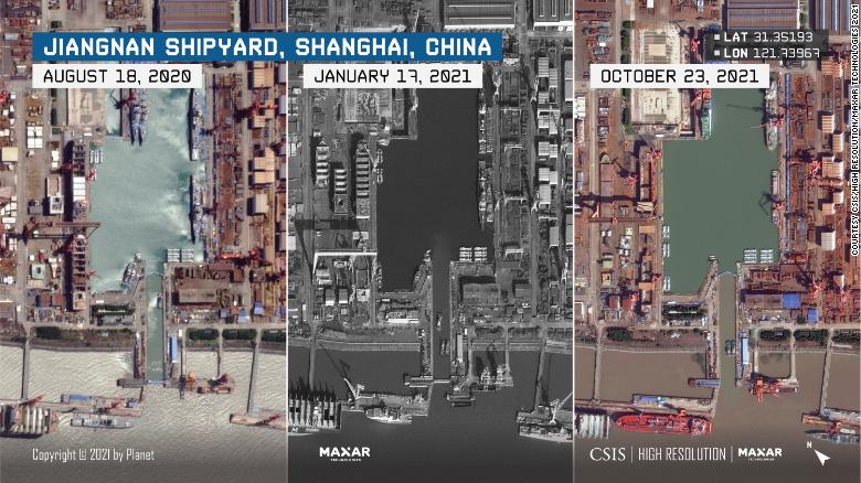 美國智庫「戰略與國際研究中心」(CSIS)昨(9)日發布的分析結果指出，對上海江南造船廠10月23日拍攝的商業衛星圖像揭示，中國003型航母主要外部組件的安裝已接近尾聲。    圖：翻攝自CSIS官網