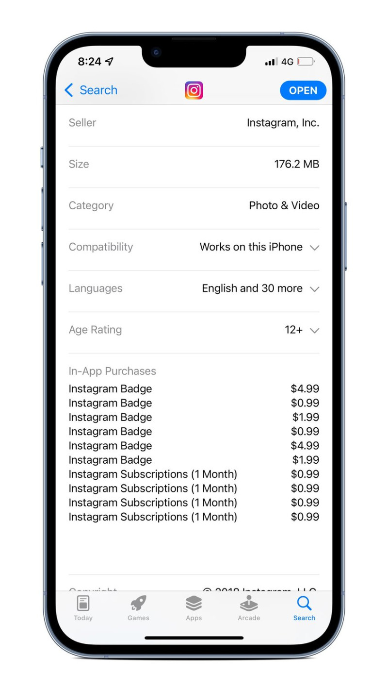 Instagram在美國App Store中的應用內購買列表中新增了「Instagram訂閱」項目。   圖：翻攝自@hammodoh1推特