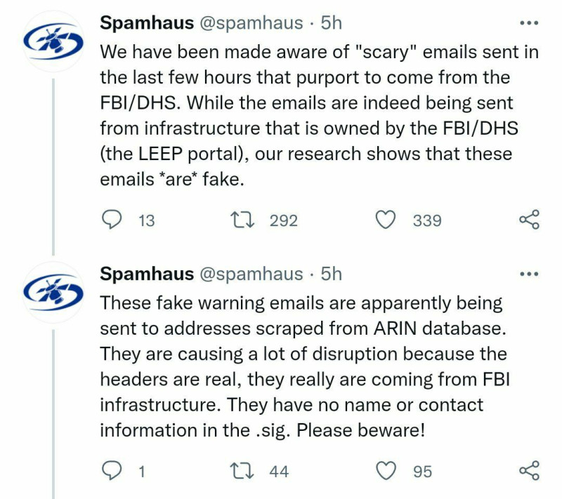 網路威脅追蹤組織Spamhaus Project在推特（Twitter）發文表示，駭客寄出數以萬件電郵，警告可能有一起網攻行動。   圖/翻攝自推特