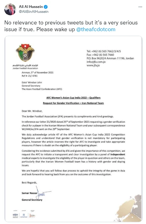 約旦足球協會主席阿里·本·侯賽在推特公開信函，要求對性別爭議選手進行驗證。   圖 : 翻攝自阿里·本·侯賽推特