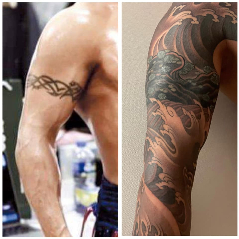 杜汶澤的新刺青以「浪」為主題，再以山丘蓋過原本手臂上二十多年的荊棘紋身。   圖：翻攝自杜汶澤臉書