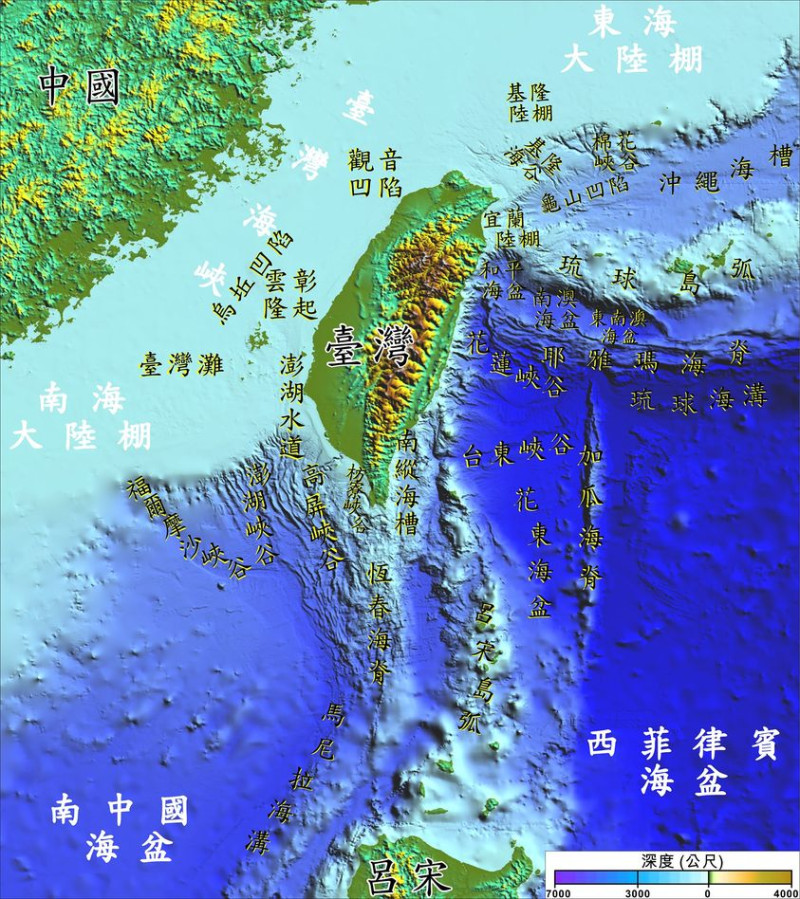 「國家海洋研究院」16日曝光台灣周遭海域海底地形圖。   圖：翻攝國家海洋研究院臉書