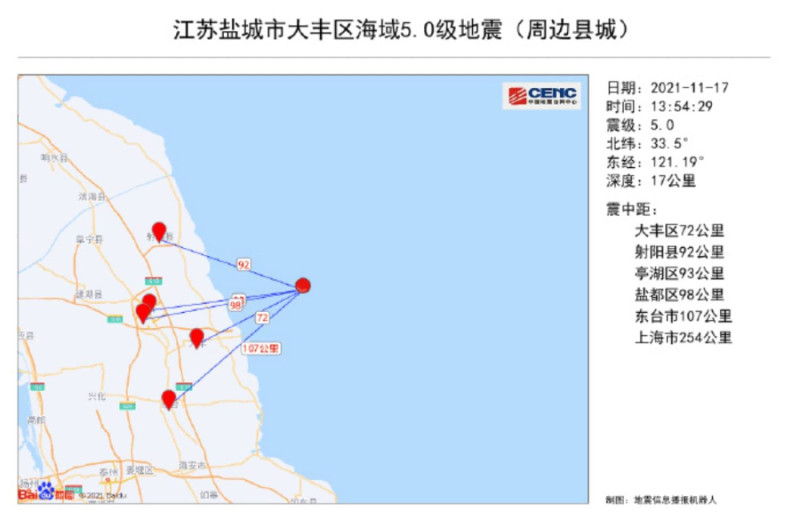 下午1時54分，中國大陸江蘇鹽城外海發生規模5.0地震，震源深度17公里。   圖：翻攝中國地震台官網