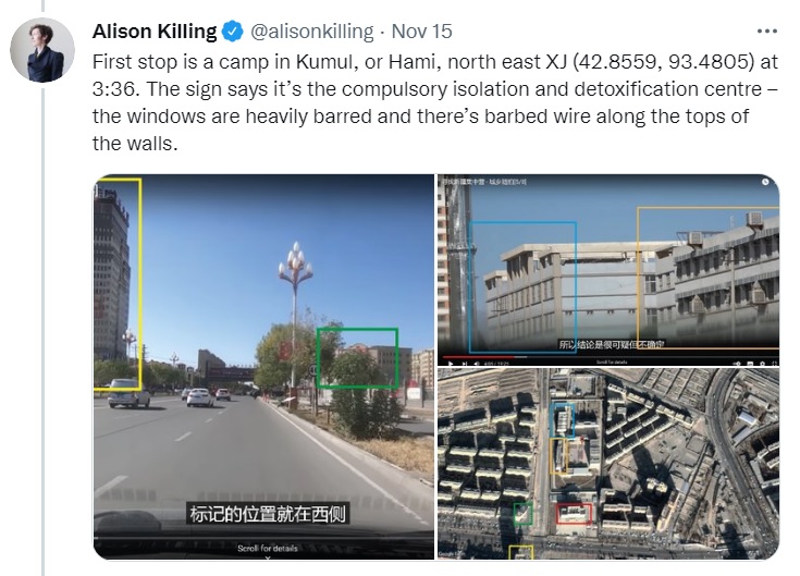 國際建築師奇林在推特轉po中國網民guanguan上傳的《尋找新疆集中營 - 城鄉隨拍[5/8]》影片，表示這些內容相當有用，為集中營提供有力證據。   圖：翻攝自奇林推特