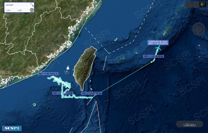 「南海戰略」稱美艦從台灣海峽南側進入時，有派遣EP-3E電子偵察機「先行」提供「情報支持」。   圖：翻攝SCS Probing Initiative推特