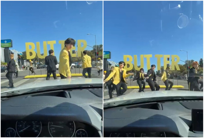 BTS利用車子等路口紅燈的時間，衝上斑馬線大跳熱門歌曲〈Butter〉，華裔主持人雪兒卡爾文恰巧將過程拍下。   圖：翻攝自IG/chercalvin