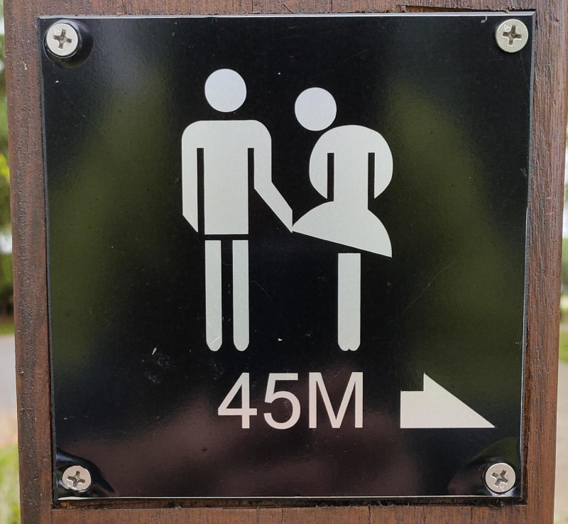 桃園市觀音區崙坪文化地景園區內的公共廁所指引標示，竟出現「翻牆偷窺」、「掀女性裙子」等圖示。   圖：PTT