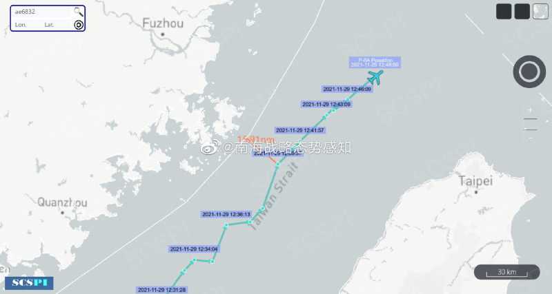 中國智庫「南海戰略態勢感知計畫」指控P-8A抵近至福建福州外海約16海浬處。   圖：翻攝南海戰略態勢感知微博