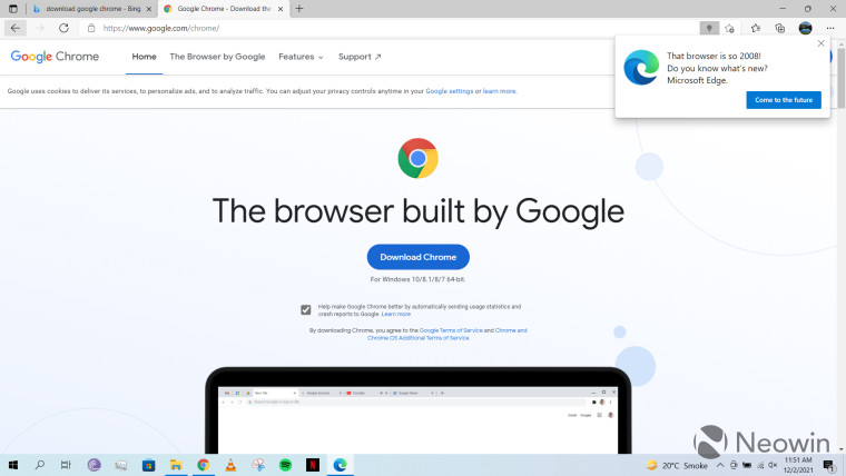 微軟Edge跳出訊息，諷刺Google Chrome還停留在2008年，是過時的產品。   圖：翻攝自Neowin
