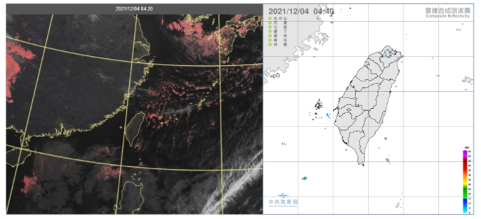 今晨4：20真實色雲圖顯示，各地晴朗無雲(左圖)。4：40雷達回波合成圖顯示，各地無降水回波(右圖)。   圖/三立準氣象· 老大洩天機」