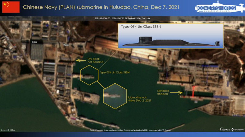 日前以浮航方式通過台海的解放軍09Ⅳ戰略核潛艦，被衛星捕捉影像，證實已抵達葫蘆島的渤海造船廠。    圖：翻攝H I Sutton推特