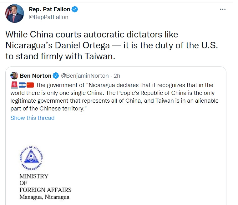 就在尼加拉瓜宣布與台灣斷交後，美國眾議員法倫立即在推特發文，表示美國有責任與台灣站在一起。   圖：翻攝自法倫推特