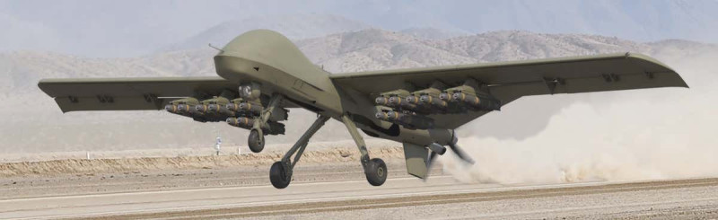  美國通用原子發表可攜帶16枚AGM-114「地獄火」飛彈、可簡陋、短場起降的「Mojave」無人攻擊機。 圖：翻攝通用原子公司官網 