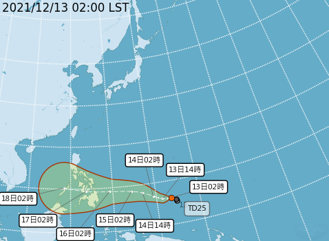 關島南方海面有1個熱帶性低氣壓形成，向西南西移動，有發展為輕度颱風的趨勢。   圖：中央氣象局/提供