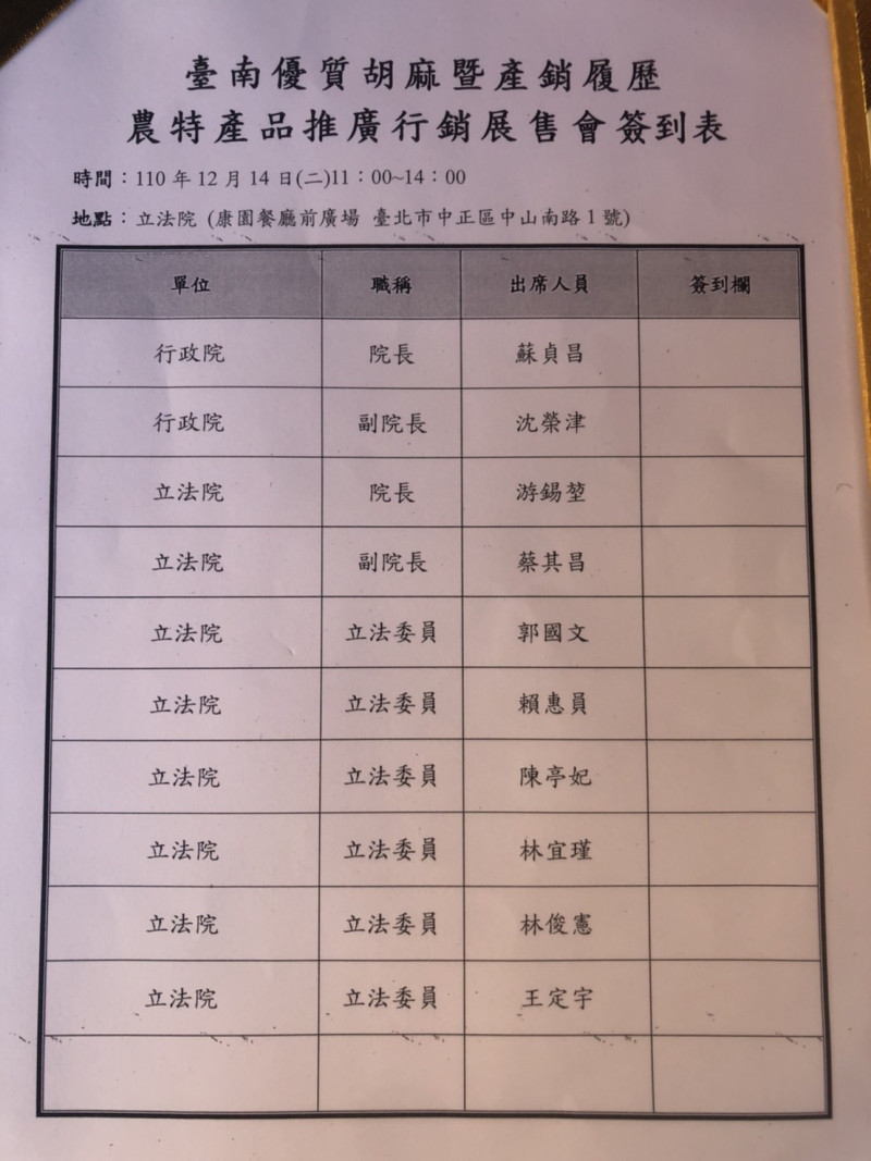 台南農特產品推廣行銷展售會簽到表，6名台南立委因故未出席。   圖:陳佩君/攝
