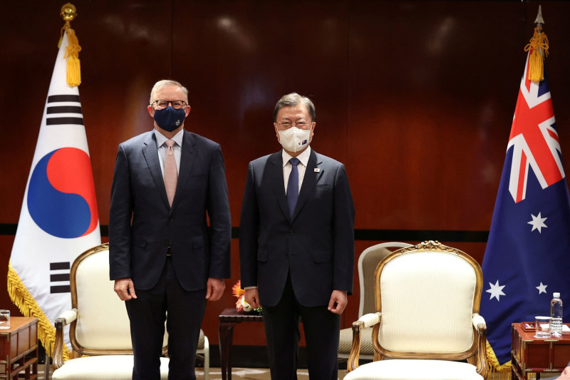 韓國總統文在寅（左）和澳大利亞總理斯科特·莫里森舉行聯合記者會。   圖：達志影像/路透社
