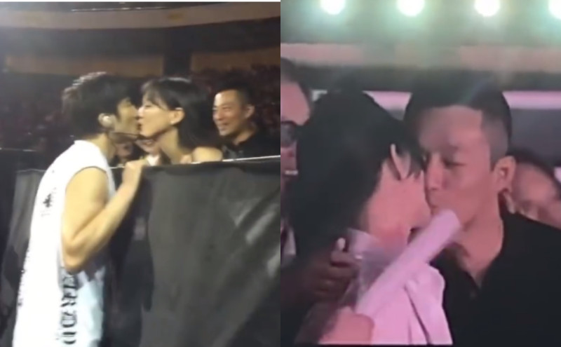 有網友翻出王力宏2年前的演唱會畫面，當時他走下舞臺親吻李靚蕾，一旁的大S與汪小菲隨後也被起鬨親吻。   圖：翻攝自微博