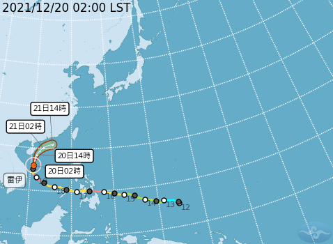 中度颱風「雷伊」北轉，今天凌晨2時的中心位置在東沙島西南方850公里海面上，不會直接影響台灣。   圖：中央氣象局/提供