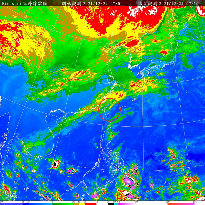 今天水氣偏多，華南雲雨區逐漸東移，北部、東北部將有短暫雨。   圖：中央氣象局/提供