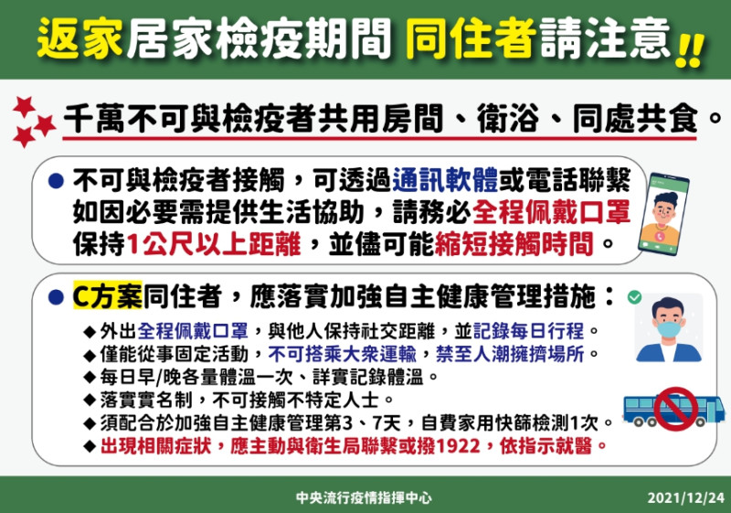 居檢者的同住家人，不可與檢疫者共用衛浴、共食。   圖：中央流行疫情指揮中心／提供