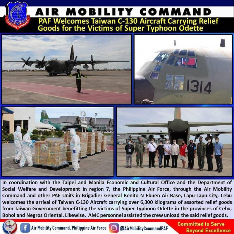 我國空軍運送數千公斤的救援物資前往菲律賓。   圖：翻攝自律賓空軍機動司令部臉書