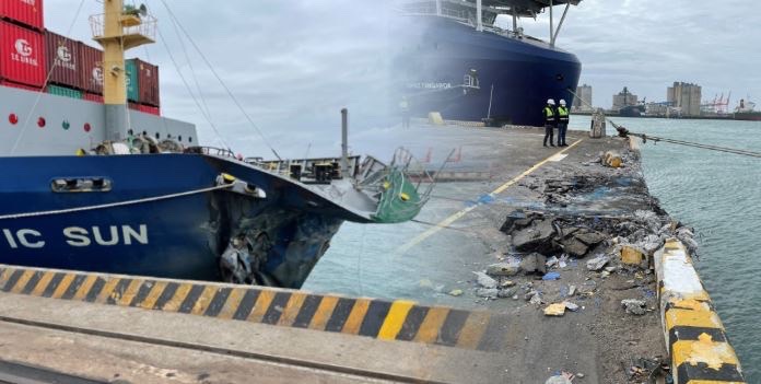 新加坡籍貨櫃船今（26日）早上不明原因衝撞台中港8A碼頭，造成本體、基座及繫纜樁等受損，所幸無人傷亡，也無油污及洩漏之情況。   圖：港務公司台中分公司提供