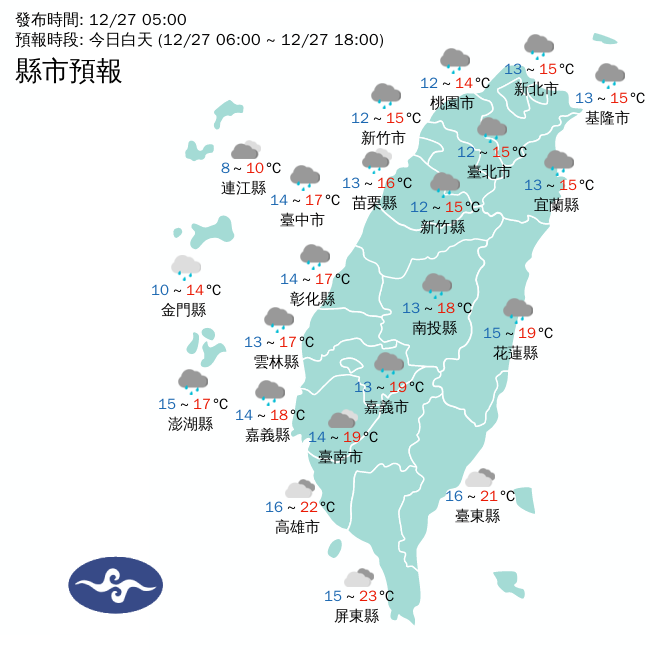 受到強烈大陸冷氣團影響，今天各地天氣偏冷。預估白天氣溫，北部約在攝氏13~15度之間，中部14~17度、南部高溫可達23度，而東部則在15~21度間。   圖：中央氣象局/提供