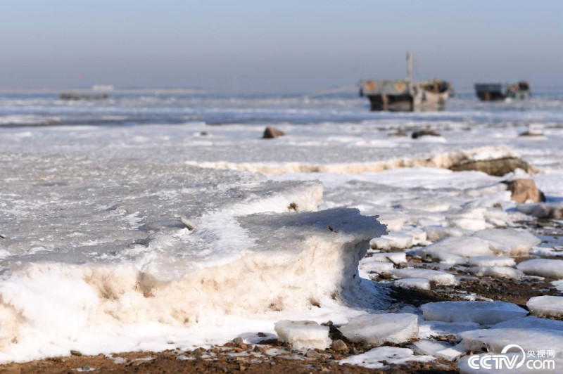強烈寒流襲擊，山東青島膠州灣北岸跨海大橋海域海面出現大面積海冰。   圖：翻攝CCTV央視網