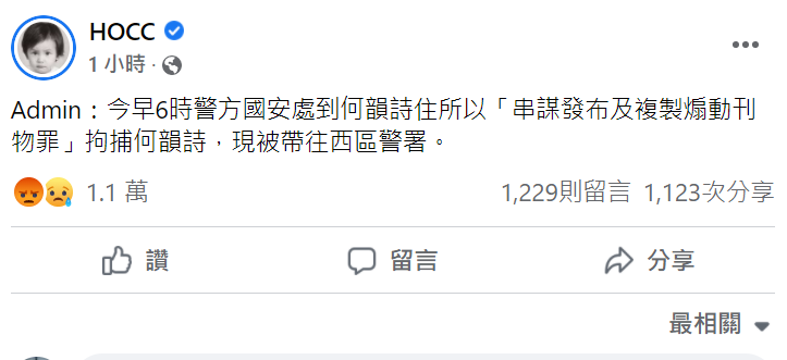 何韻詩今早被港警逮捕。   圖：翻攝自何韻詩臉書