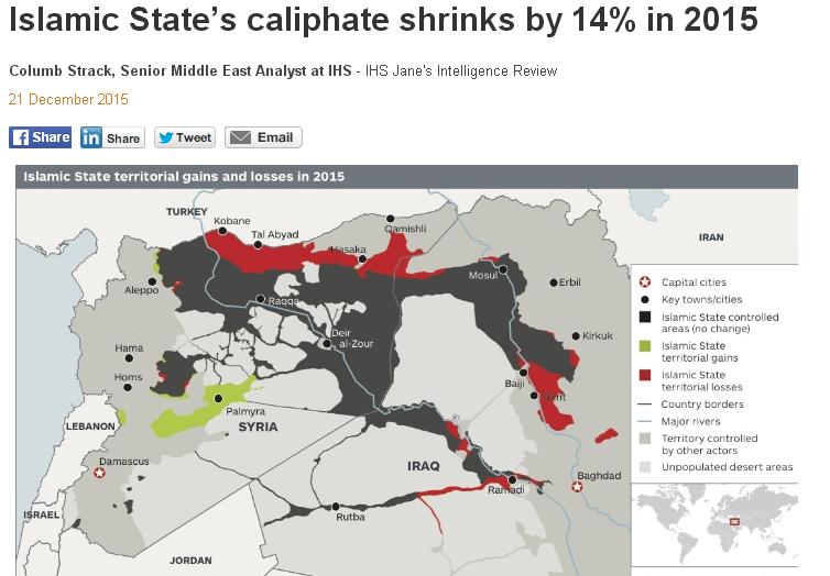 根據美國智庫「IHS詹氏公司」最新報告，伊斯蘭國的版圖在2015年度大幅縮水。   圖：翻攝IHS詹氏公司官網