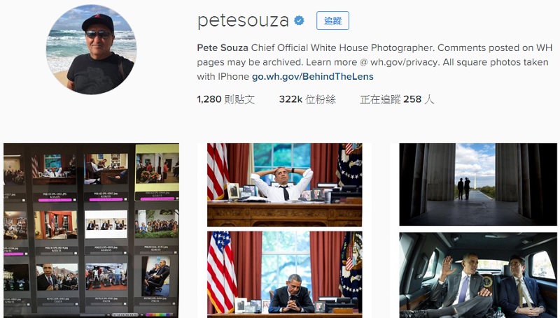 白宮首席攝影官蘇薩（Pete Souza）發布在Instagram的白宮與美國總統歐巴馬的相片。   圖：翻攝網路