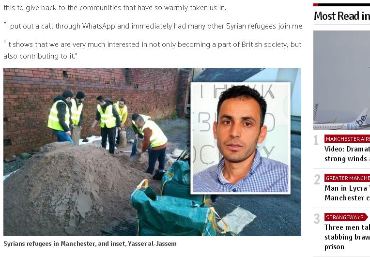 英國曼徹斯特當地報紙大幅報導，敘利亞難民雅薩森號召其他人前來幫忙重建災區的事跡。   圖：翻攝Manchester Evening News/Yasser al-Jassem