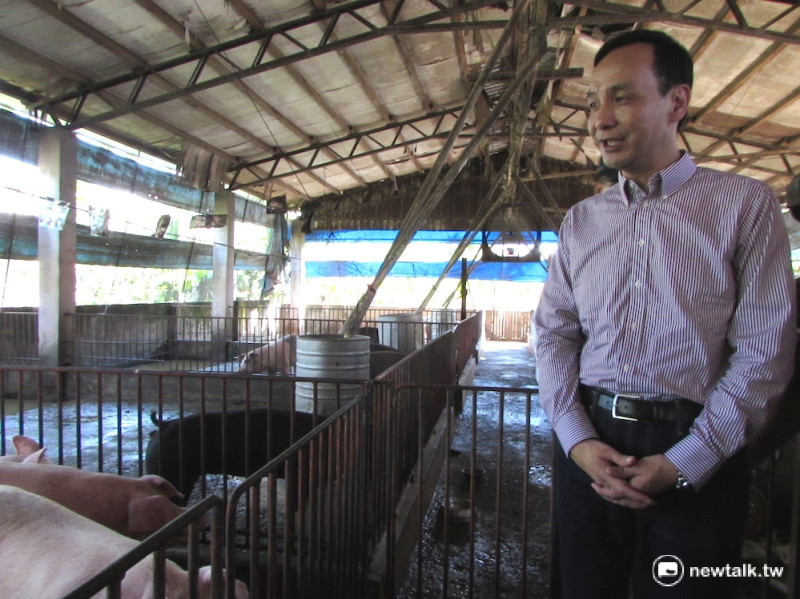 國民黨總統候選人朱立倫4日參觀完養豬場後，與豬農代表一同座談。   圖：邱珮文/攝