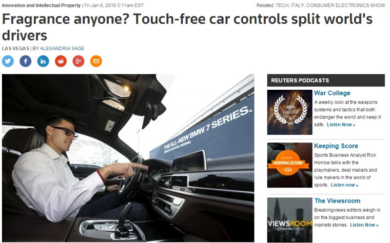 路透社8日報導，國際消費電子展(CES)中，展示了手勢控車等最新的汽車內裝科技。   圖：翻攝路透社官網