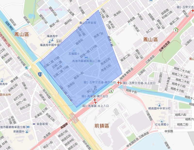 高雄市鳳山區福德街、五甲三路、南安路一帶停水範圍。   圖：取自台灣自來水公司第七區管利處網頁