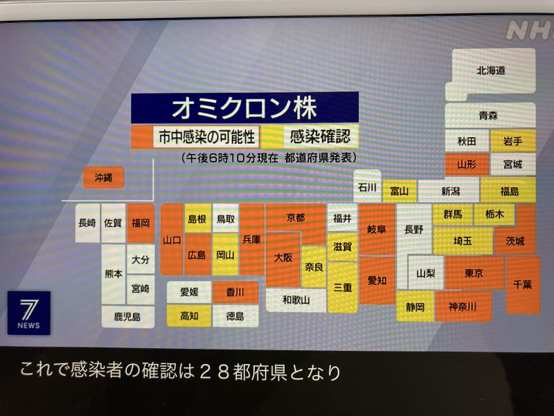 日本已經有28縣市確認到omicron，15縣市有omicron的社區感染。 圖：攝自NHK新聞
