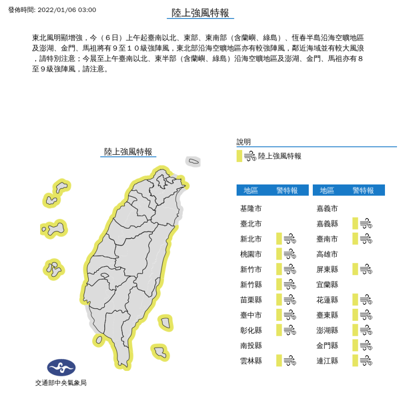 台南以北等16縣市發布陸上強風特報，氣象局警告，今天包括東部、東南部（含蘭嶼、綠島）、恆春半島沿海空曠地區，都將有9至10級強陣風。   圖：中央氣象局/提供