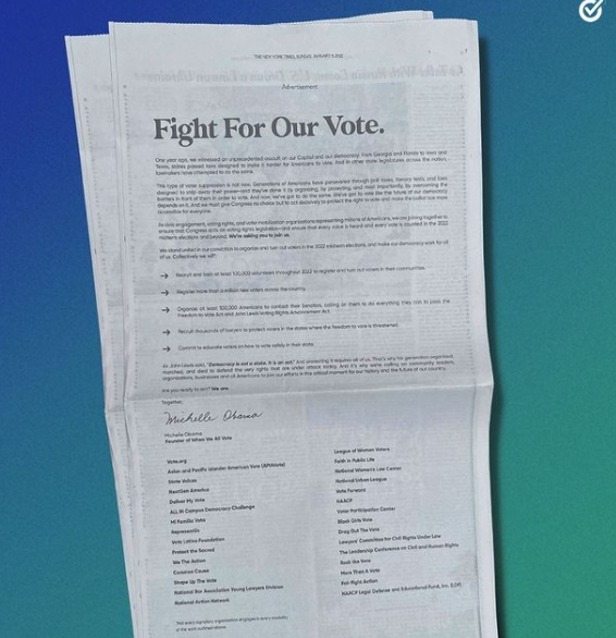 蜜雪兒和When We All Vote發出公開信，希望美國人呼籲參議員支持投票權法案。   圖:翻攝自蜜雪兒歐巴馬 Instagram