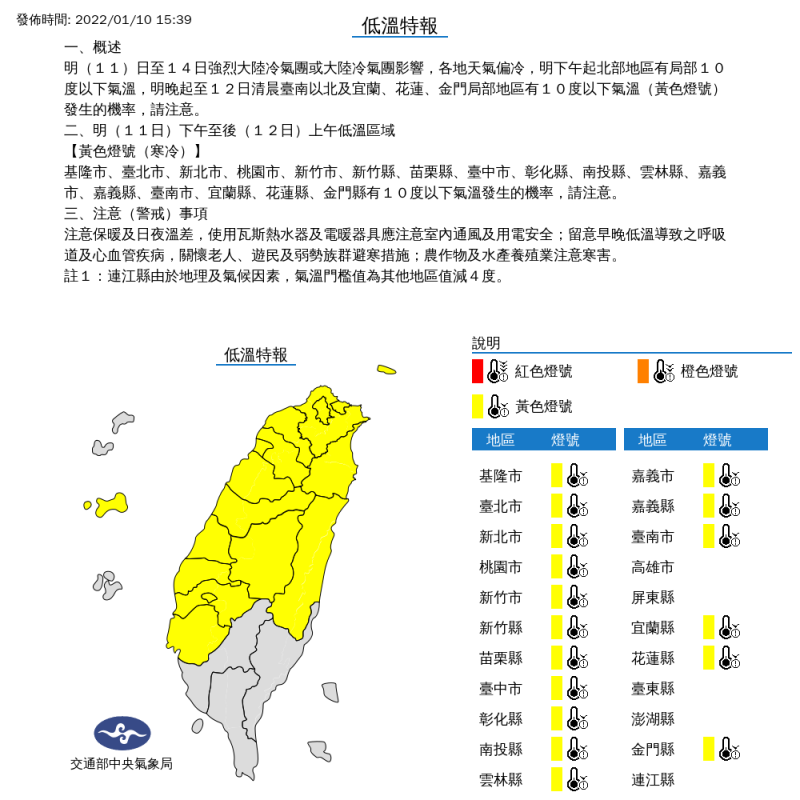 中央氣象局對17縣市發布低溫特報。   圖：中央氣象局／提供