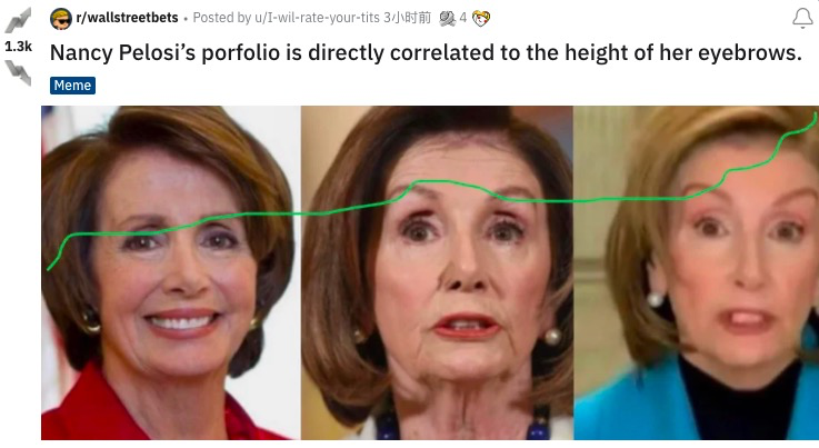 美國網友比對裴洛西不同時期的眉毛，發現她眉毛越高，職務也越高。   圖 : 翻攝自推特