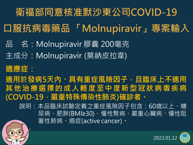 食藥署同意核准默沙東公司COVID-19口服藥莫納皮拉韋專案輸入。   圖：食品藥物管理署／提供