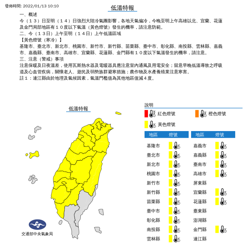 中央氣象局對18縣市發布低溫特報。   圖：中央氣象局／提供