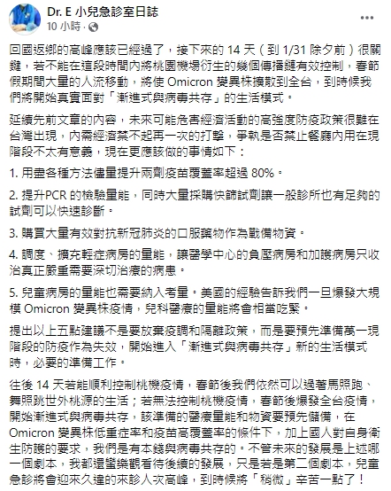 醫師指出，萬一現階段的防疫作為失效，開始進入「漸進式與病毒共存」的新模式時，必要的準備工作有5件。   圖：翻攝自謝宗學臉書