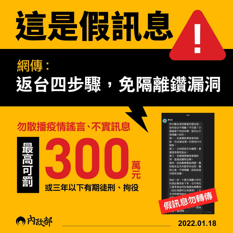 內政部今(18)日指出，近日有網友在臉書社群流傳「返台四步驟，免隔離鑽漏洞」，全美台灣同鄉會已於臉書澄清，此為不實訊息，請民眾勿輕信。   圖：內政部提供