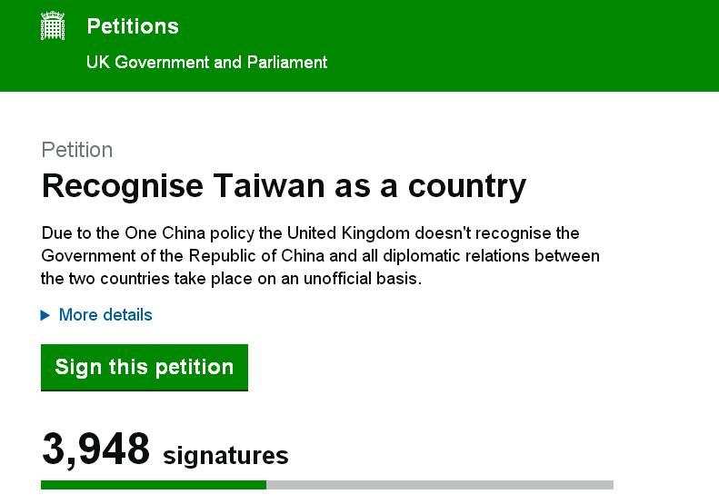 英國公民發動「承認台灣是一個國家」連署，參與人數穩定上升中。   圖：翻攝英國國會