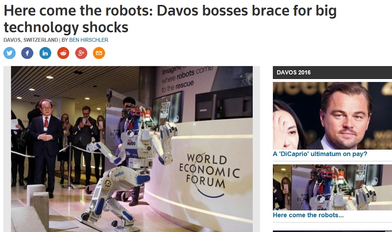 今年在瑞士達佛斯(Davos)舉行的WEF年會上，最受歡迎的與會者之一，是得獎的韓國機器人「HUBO」，它在一群不停點擊手中智慧型手機的代表中顯得鶴立非凡。    圖：翻攝路透社官網
