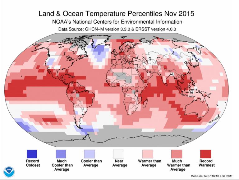 根據美國最新公布數據，2015年在世界各地都測到破紀錄高溫，一片紅通通。   圖：翻攝美國國家海洋和大氣管理局官網